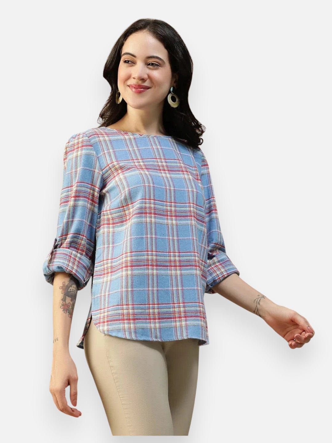 Blue Brush Check Print Cotton Top
