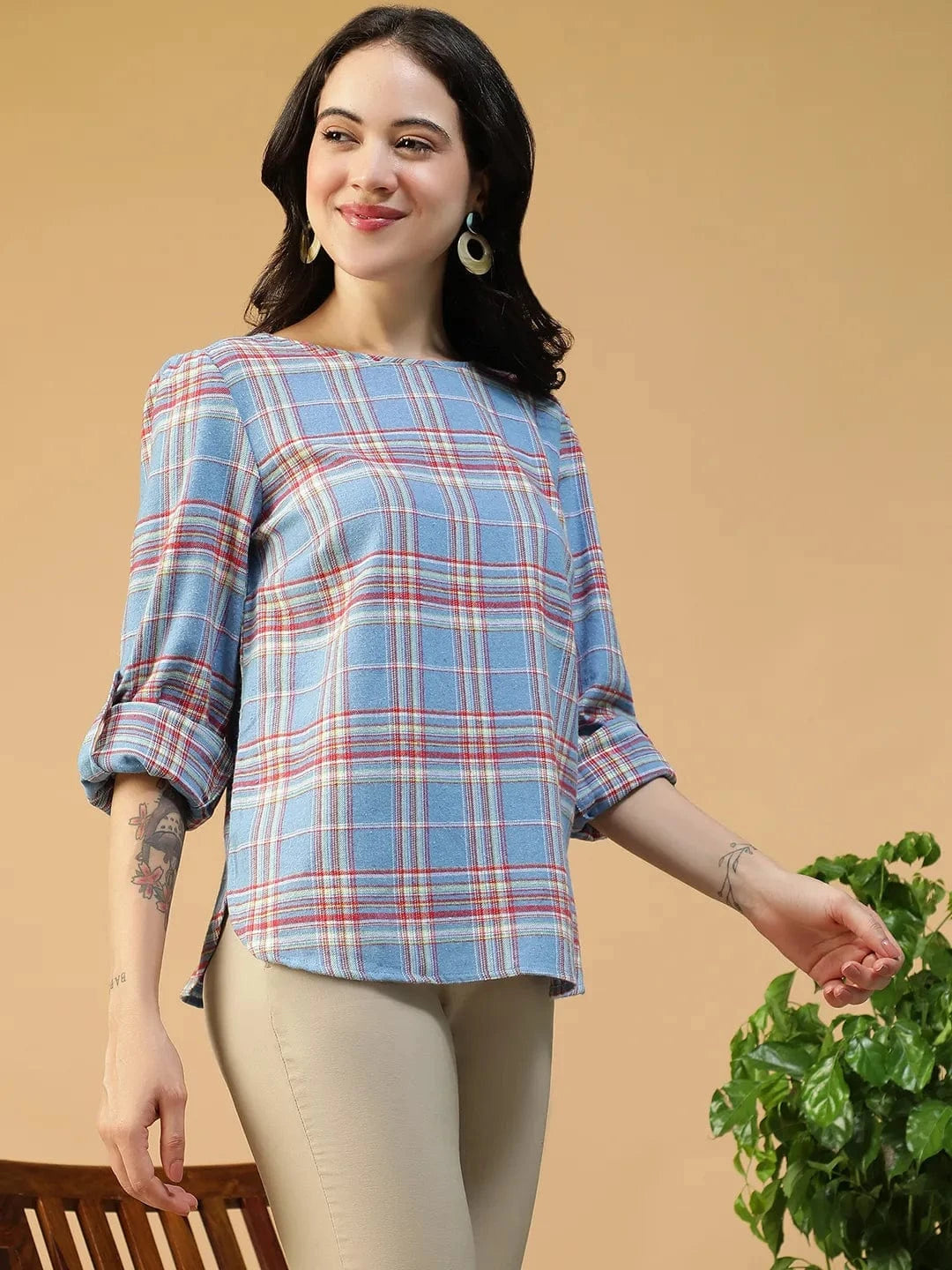 Blue Brush Check Print Cotton Top