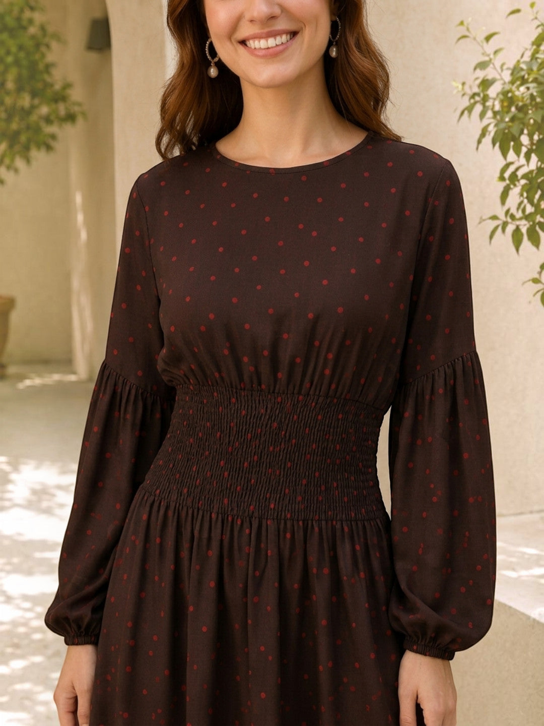 Brown polka dot dress with smocked waist and long sleeves for women's fashion