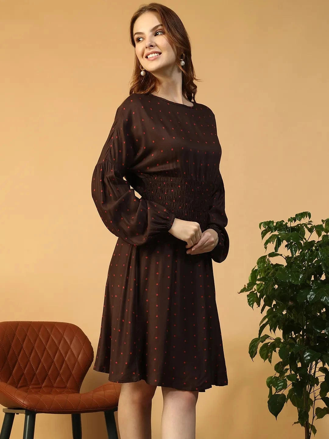 Brown Dot Print Dress