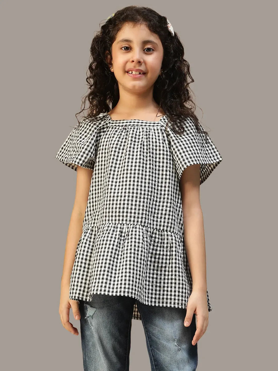 Kid Girl Black Check Print Cotton Dress
