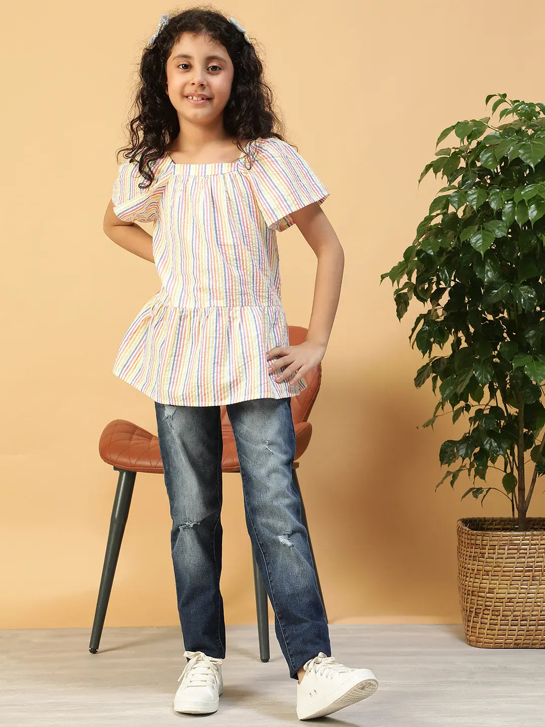 Kid Girl Multicolor Stripe Print Cotton Dress