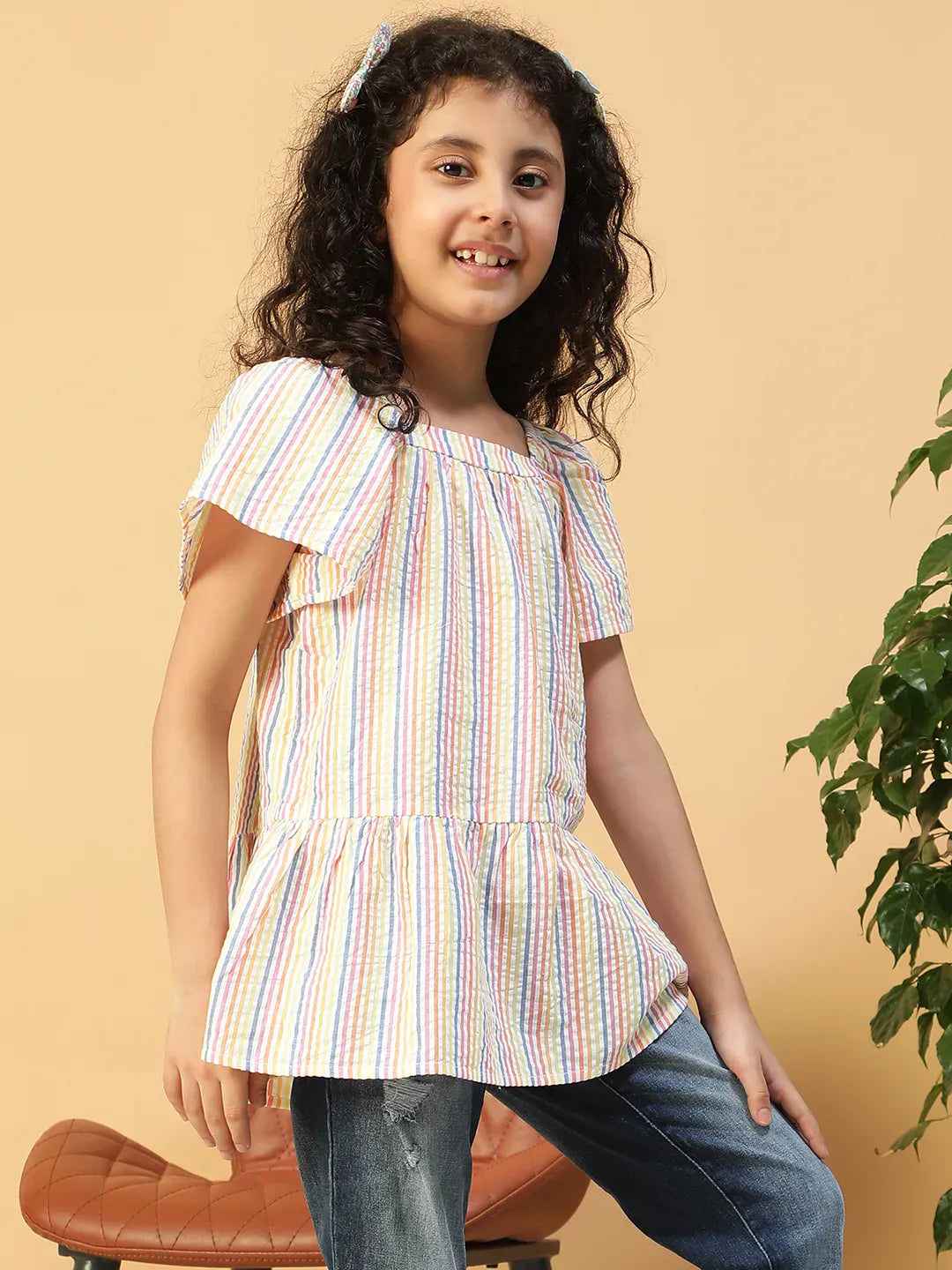 Kid Girl Multicolor Stripe Print Cotton Dress