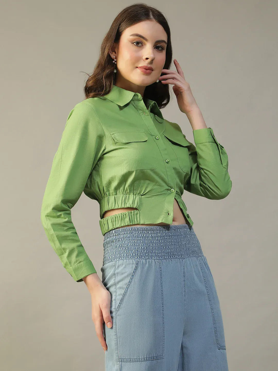 Women Green Cotton Shirt