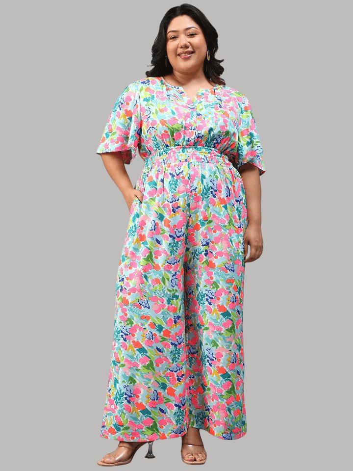 Plus Size Multicolor Floral Print Jumpsuit