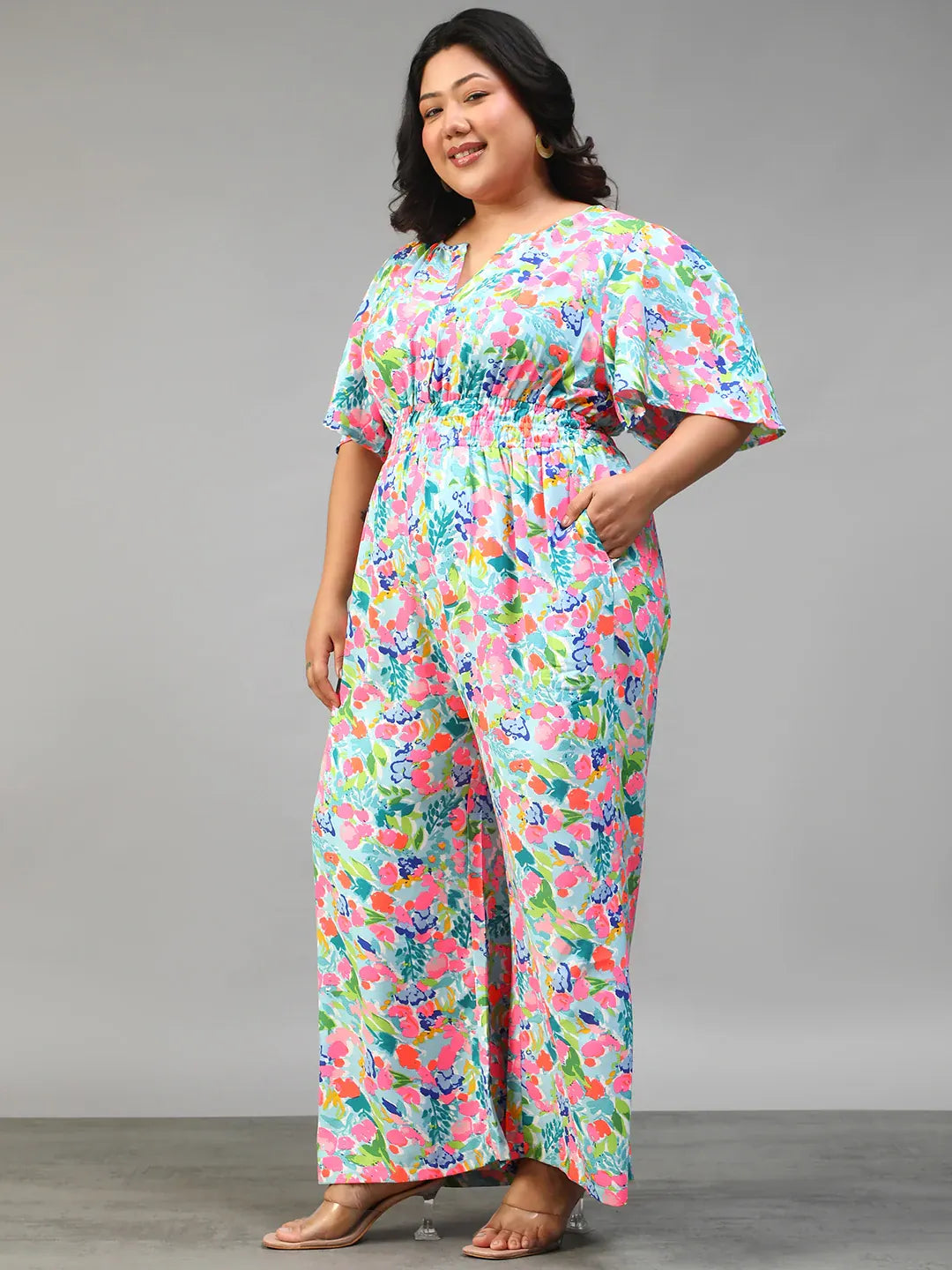 Plus Size Multicolor Floral Print Jumpsuit