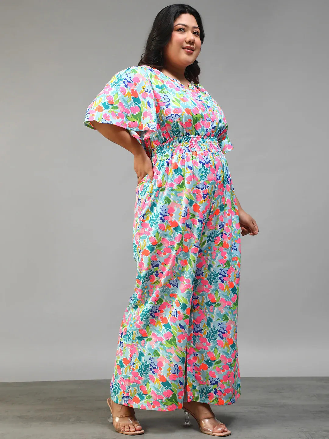 Plus Size Multicolor Floral Print Jumpsuit