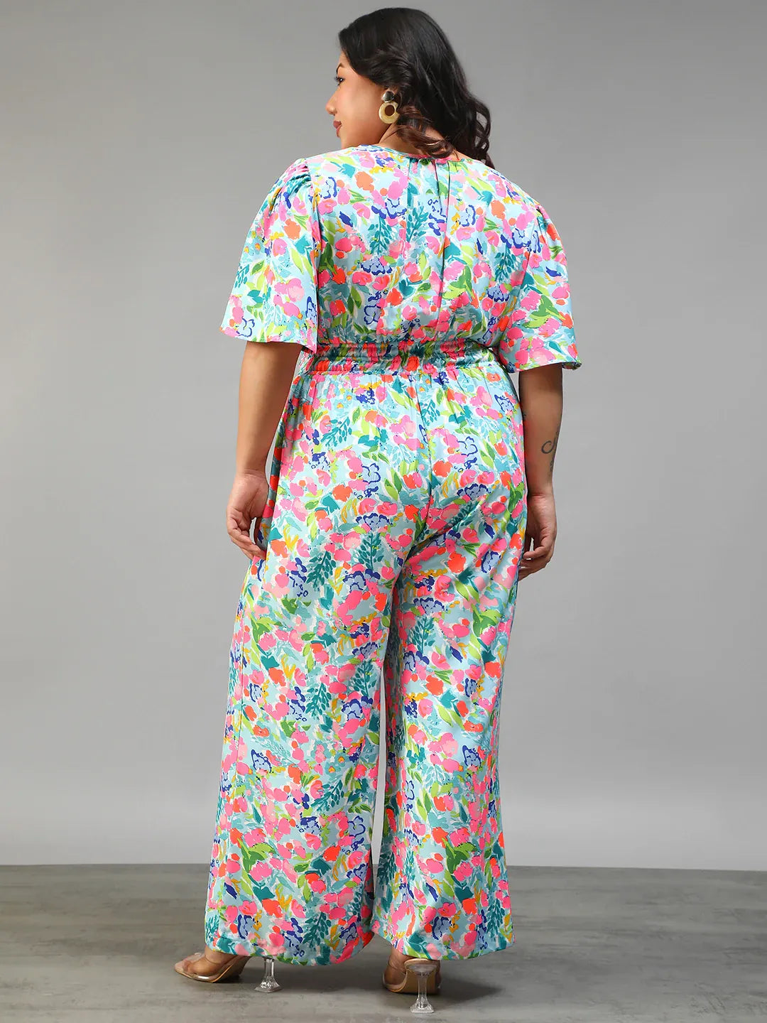 Plus Size Multicolor Floral Print Jumpsuit