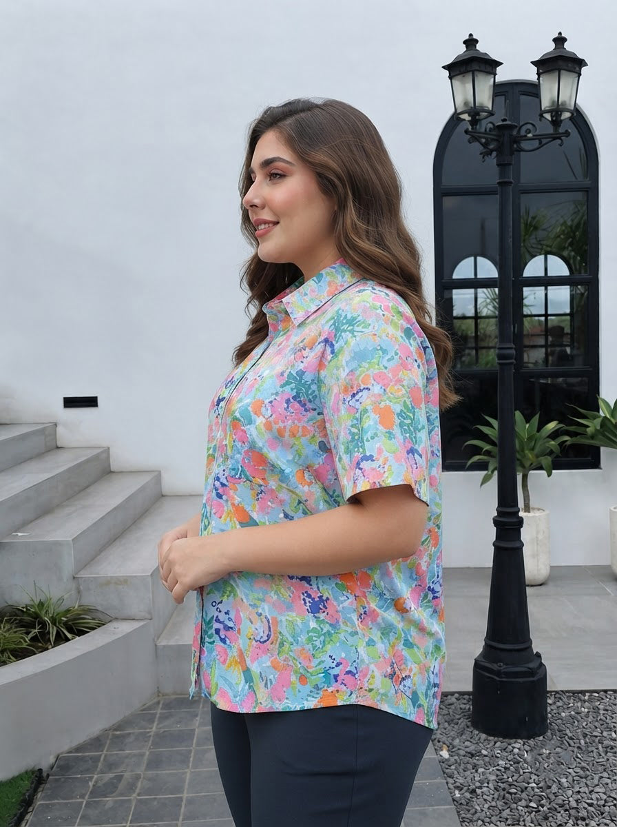 Plus Size Multicolor Floral Print Shirt
