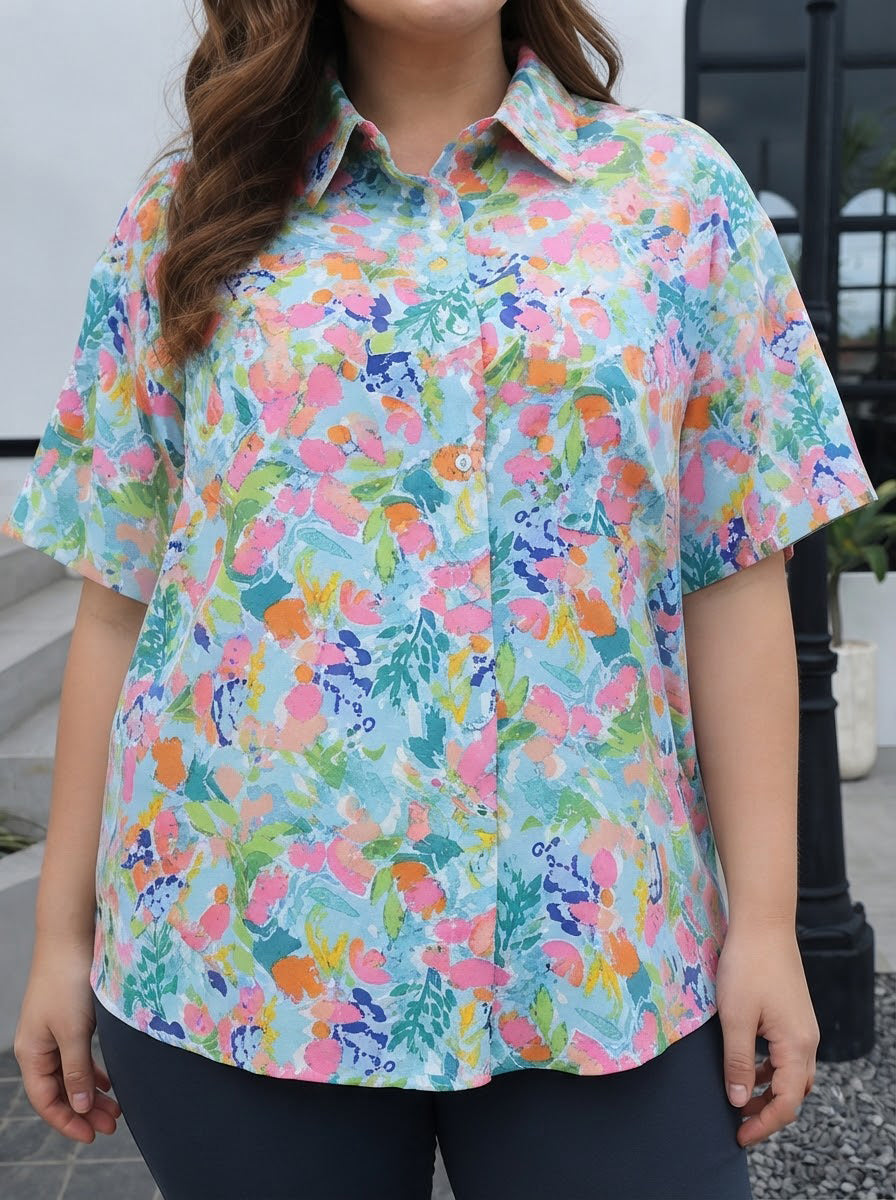 Plus Size Multicolor Floral Print Shirt