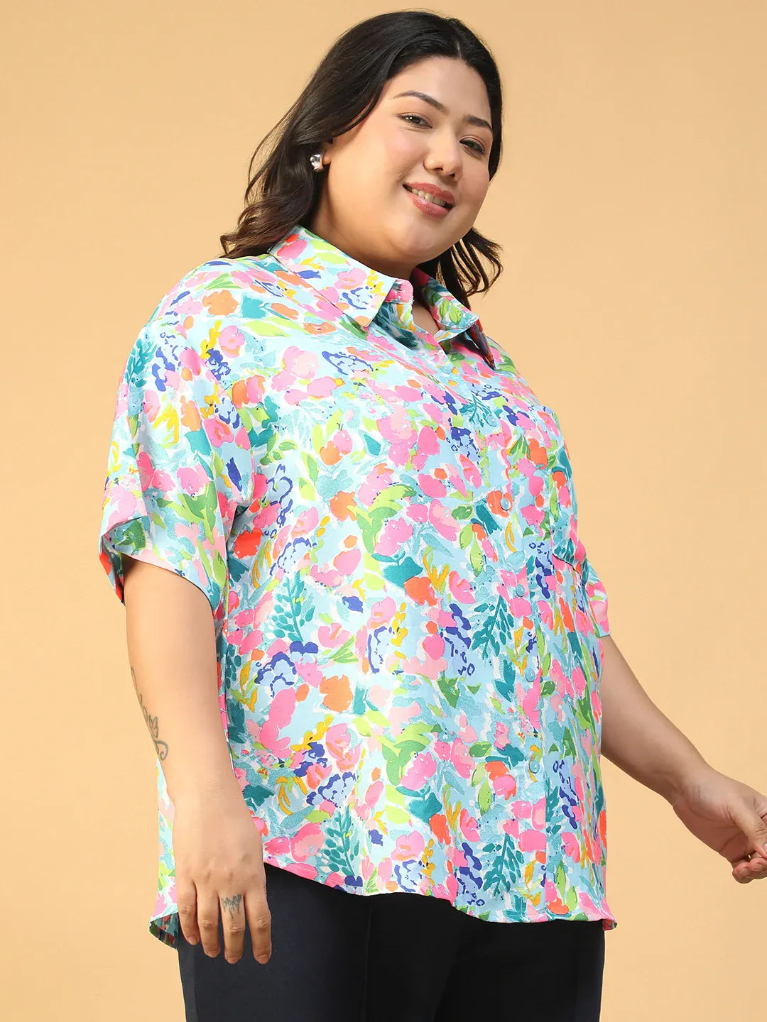 Plus Size Multicolor Floral Print Shirt