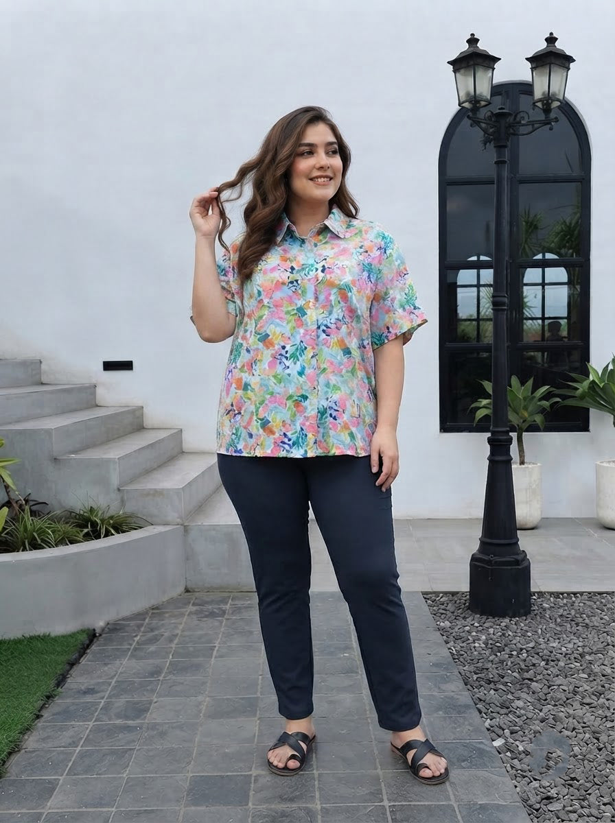 Plus Size Multicolor Floral Print Shirt