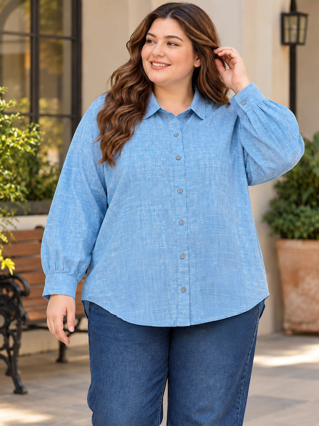 Women Plus Size Blue Check Cotton Relaxed Fit Shirt by Oxolloxo
