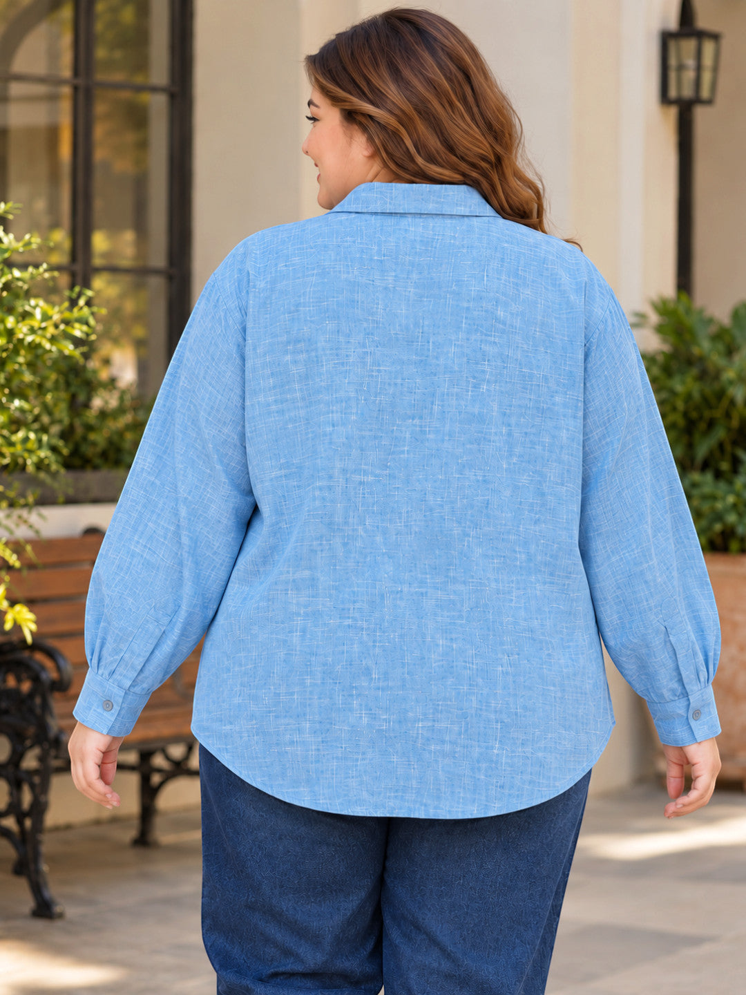 Women Plus Size Blue Check Cotton Relaxed Fit Shirt by Oxolloxo - image 3