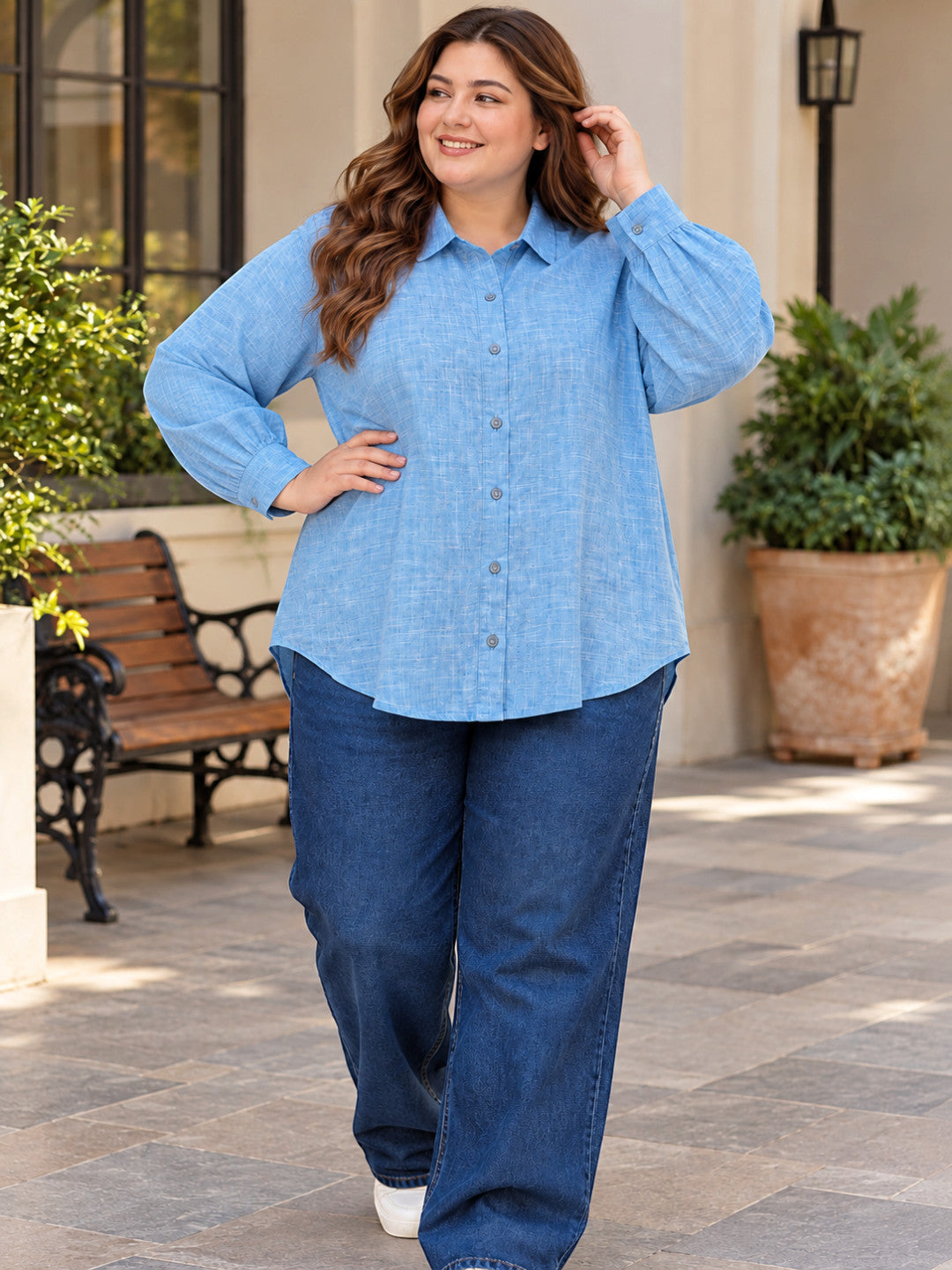 Women Plus Size Blue Check Cotton Relaxed Fit Shirt by Oxolloxo - image 6