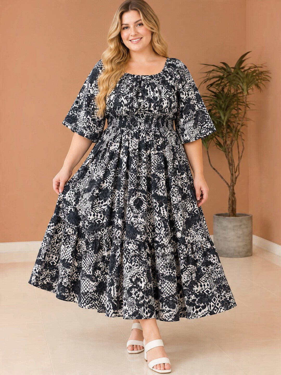 Women Plus Size Black Rayon Crepe Smocked Maxi Dress by Oxolloxo