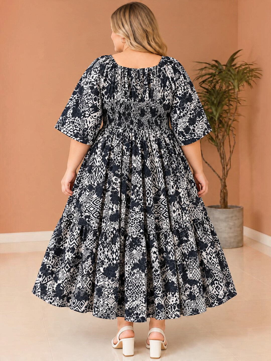 Women Plus Size Black Rayon Crepe Smocked Maxi Dress by Oxolloxo - image 3