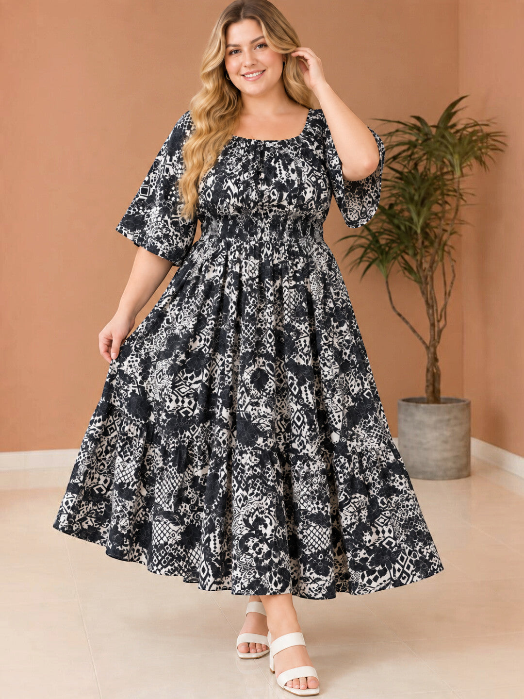 Women Plus Size Black Rayon Crepe Smocked Maxi Dress by Oxolloxo - image 5