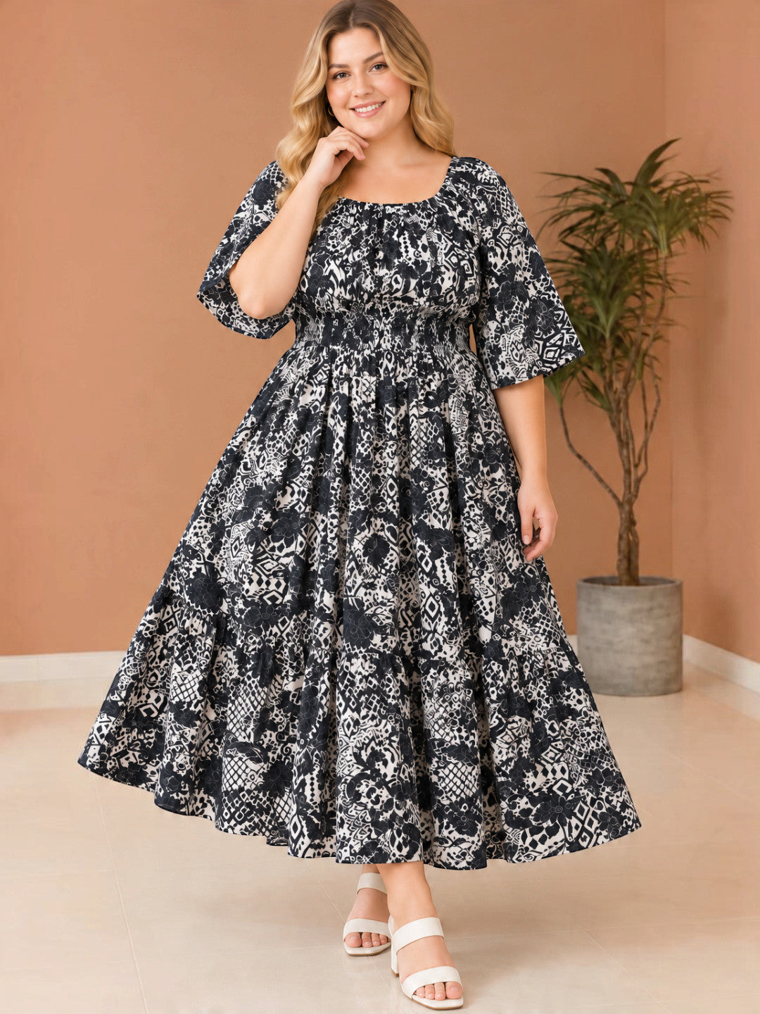 Women Plus Size Black Rayon Crepe Smocked Maxi Dress by Oxolloxo - image 6