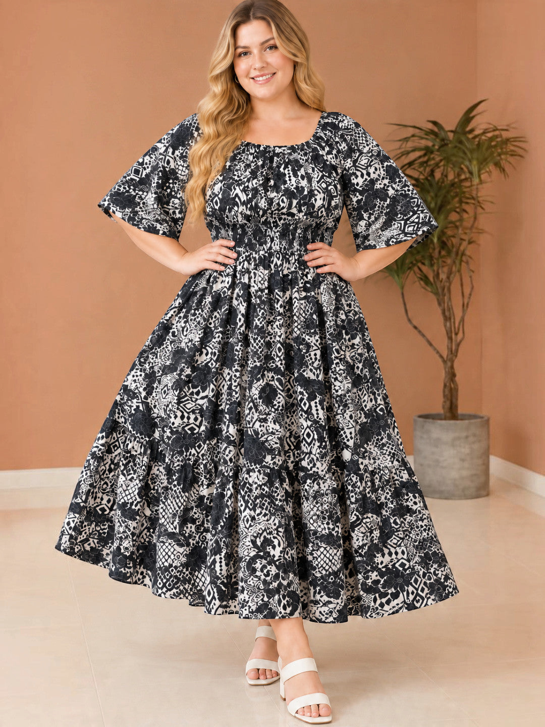 Women Plus Size Black Rayon Crepe Smocked Maxi Dress by Oxolloxo - image 7