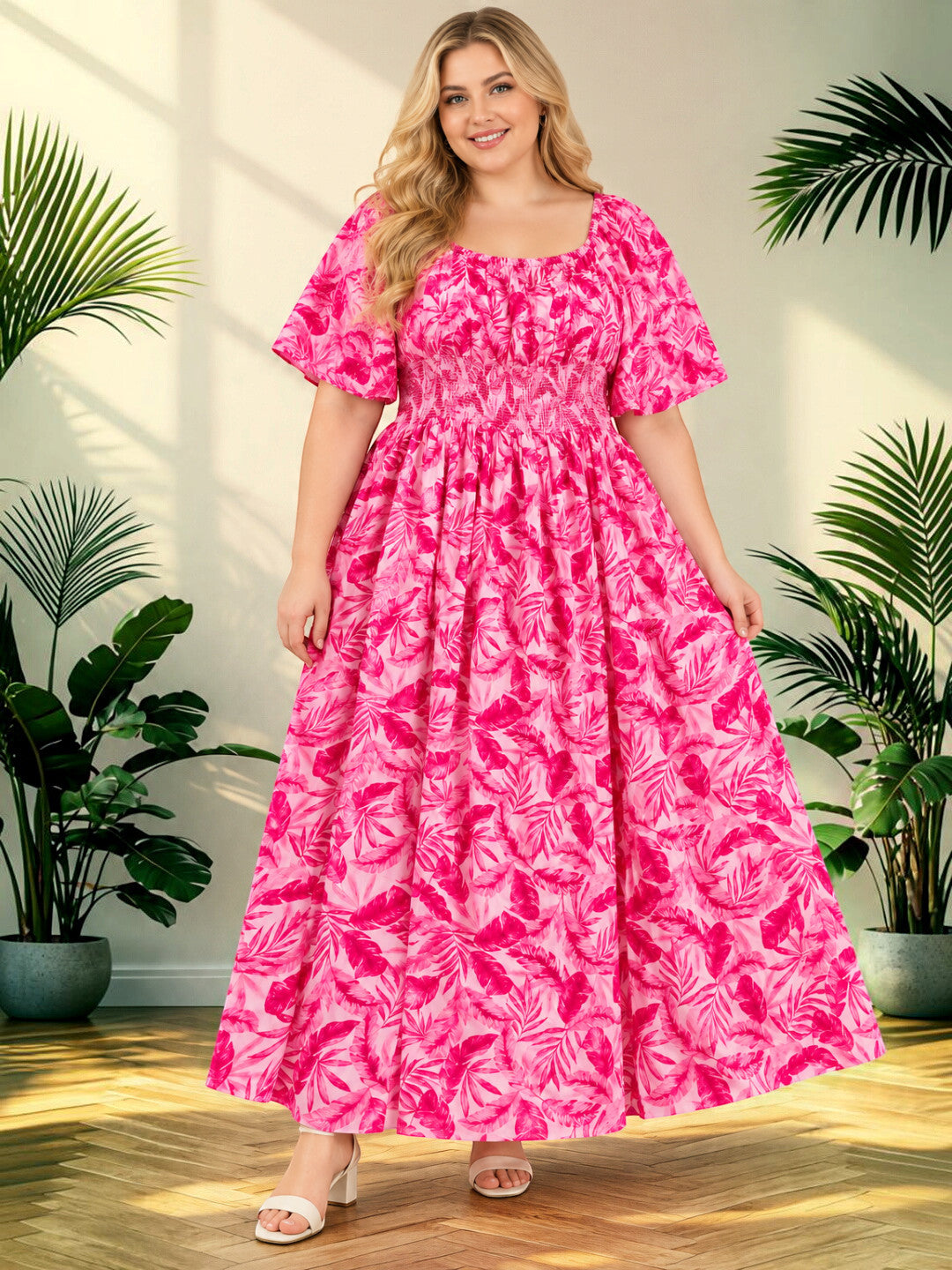 Women Plus Size Pink Rayon Crepe Smocked Maxi Dress by Oxolloxo