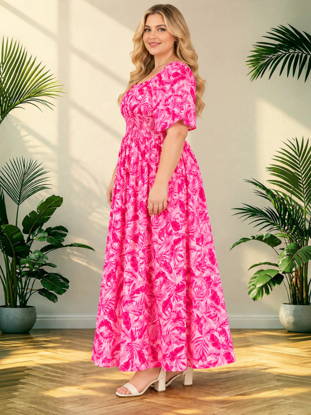 Women Plus Size Pink Rayon Crepe Smocked Maxi Dress by Oxolloxo - image 2