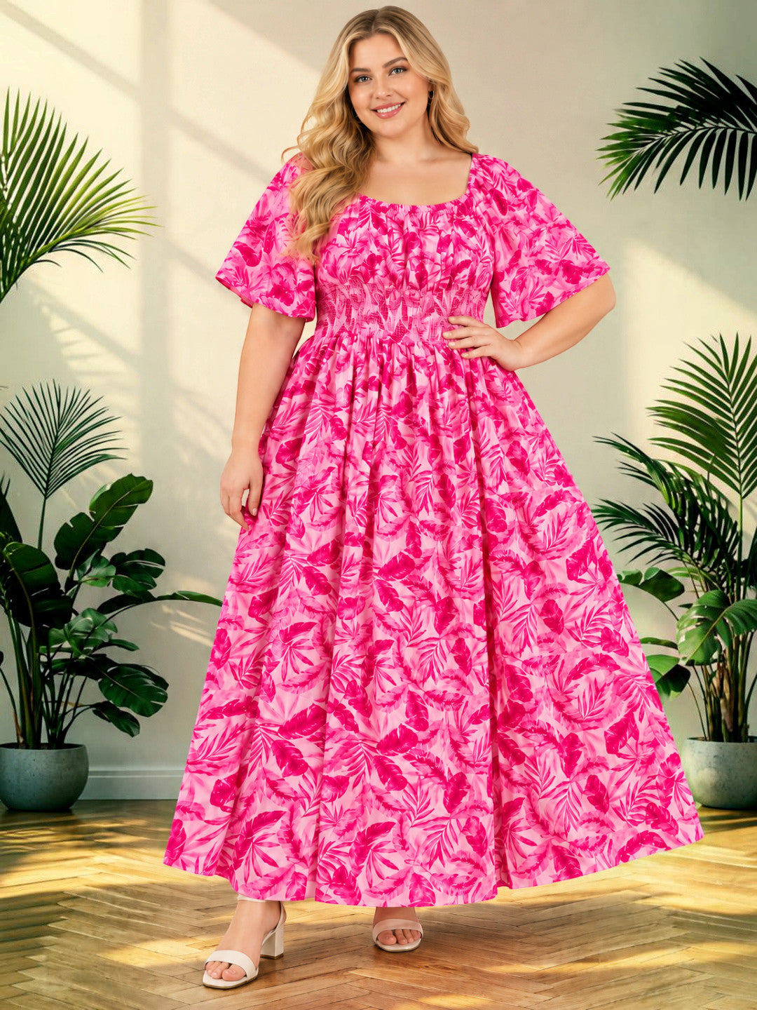 Women Plus Size Pink Rayon Crepe Smocked Maxi Dress by Oxolloxo - image 5