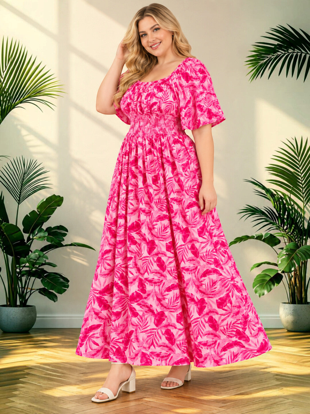 Women Plus Size Pink Rayon Crepe Smocked Maxi Dress by Oxolloxo - image 6