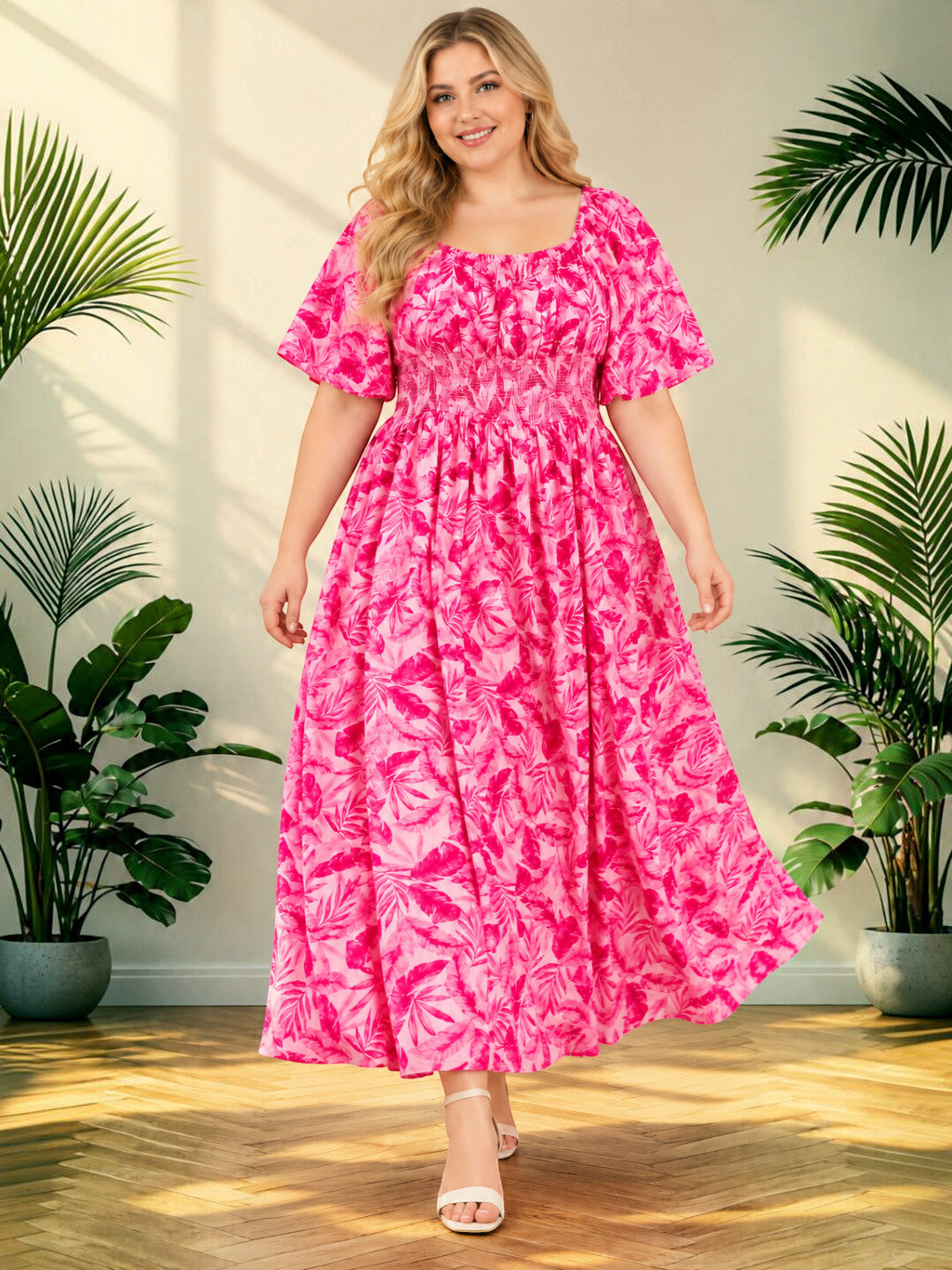 Women Plus Size Pink Rayon Crepe Smocked Maxi Dress by Oxolloxo - image 7