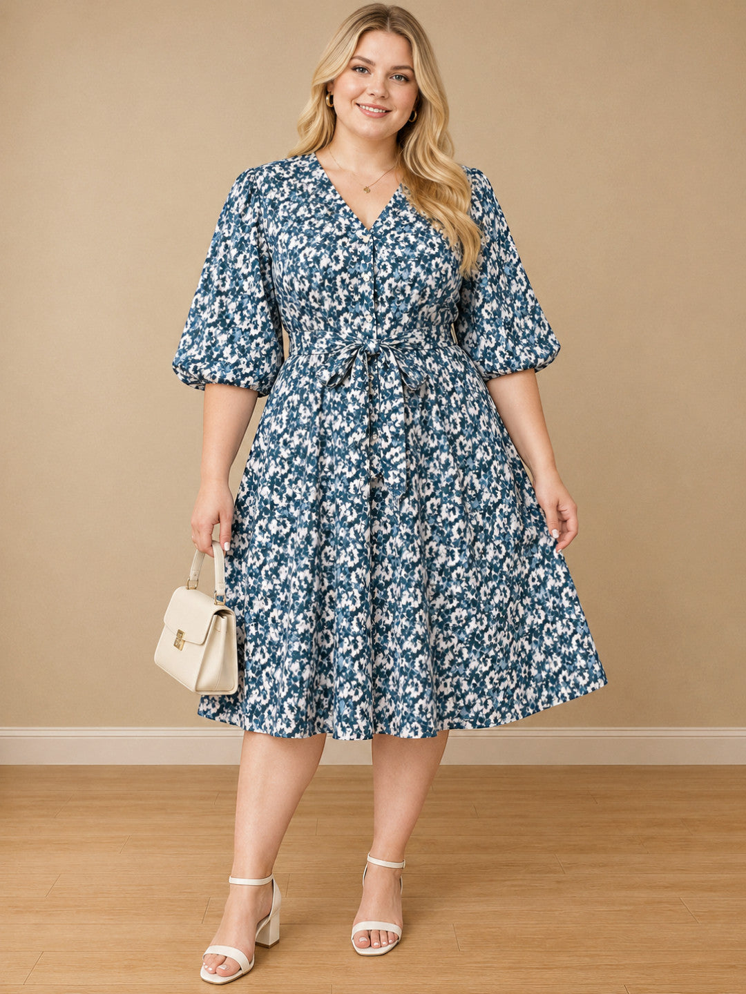 Women Plus Size Dark Printed Spun Rayon Tie Knot Long Dress by Oxolloxo