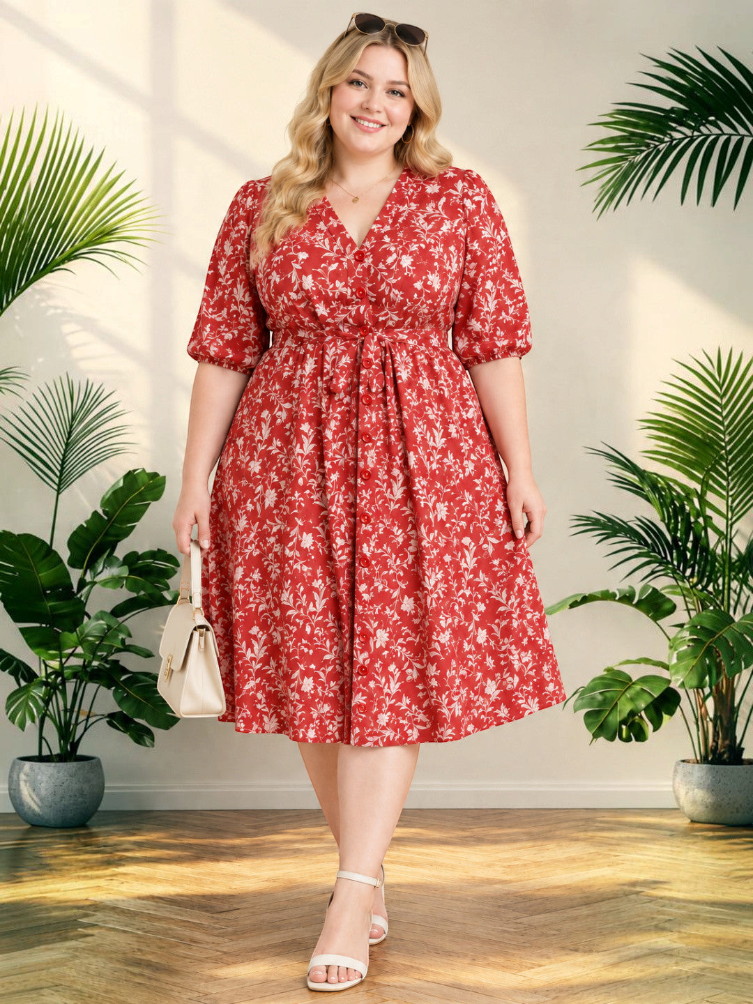 Women Plus Size Rust Printed Spun Rayon Tie Knot Long Dress by Oxolloxo