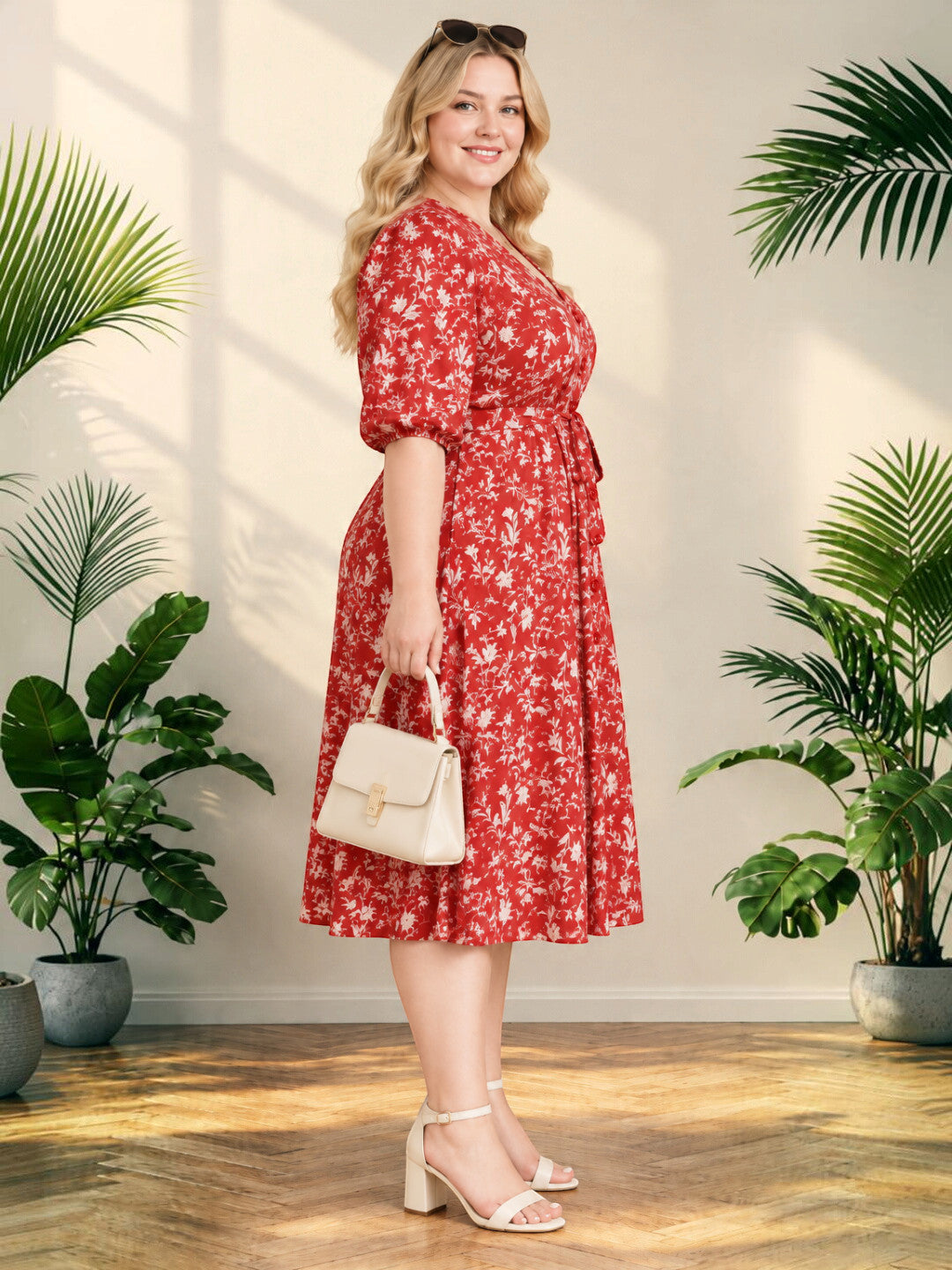 Women Plus Size Rust Printed Spun Rayon Tie Knot Long Dress by Oxolloxo - image 2