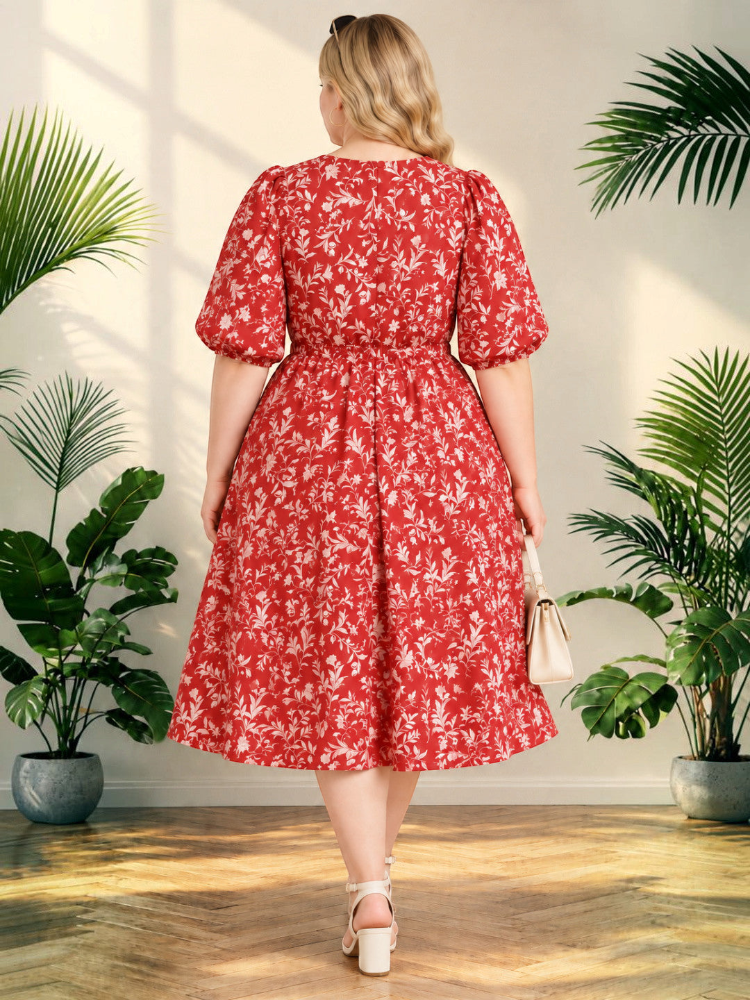 Women Plus Size Rust Printed Spun Rayon Tie Knot Long Dress by Oxolloxo - image 3