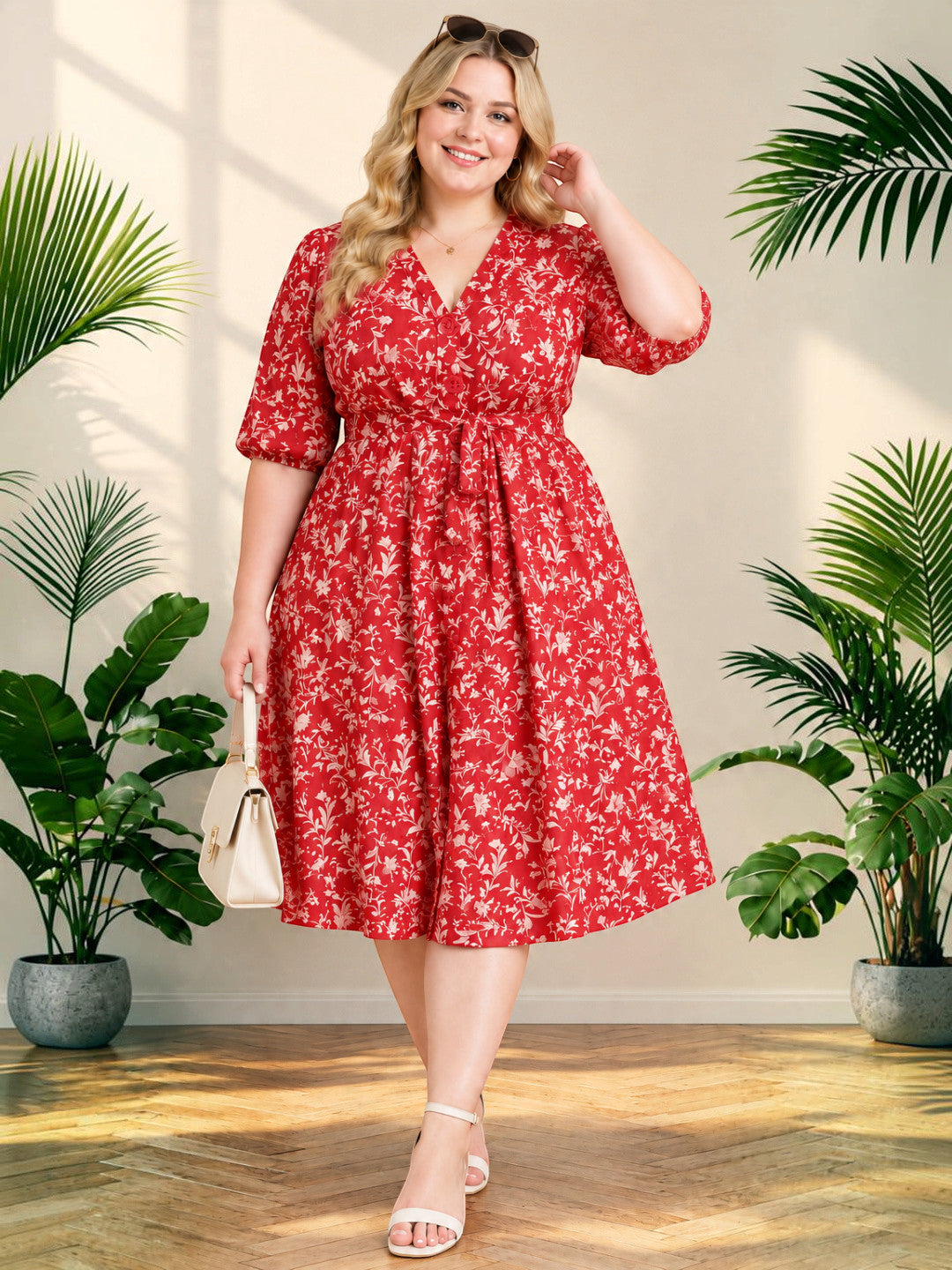 Women Plus Size Rust Printed Spun Rayon Tie Knot Long Dress by Oxolloxo - image 5