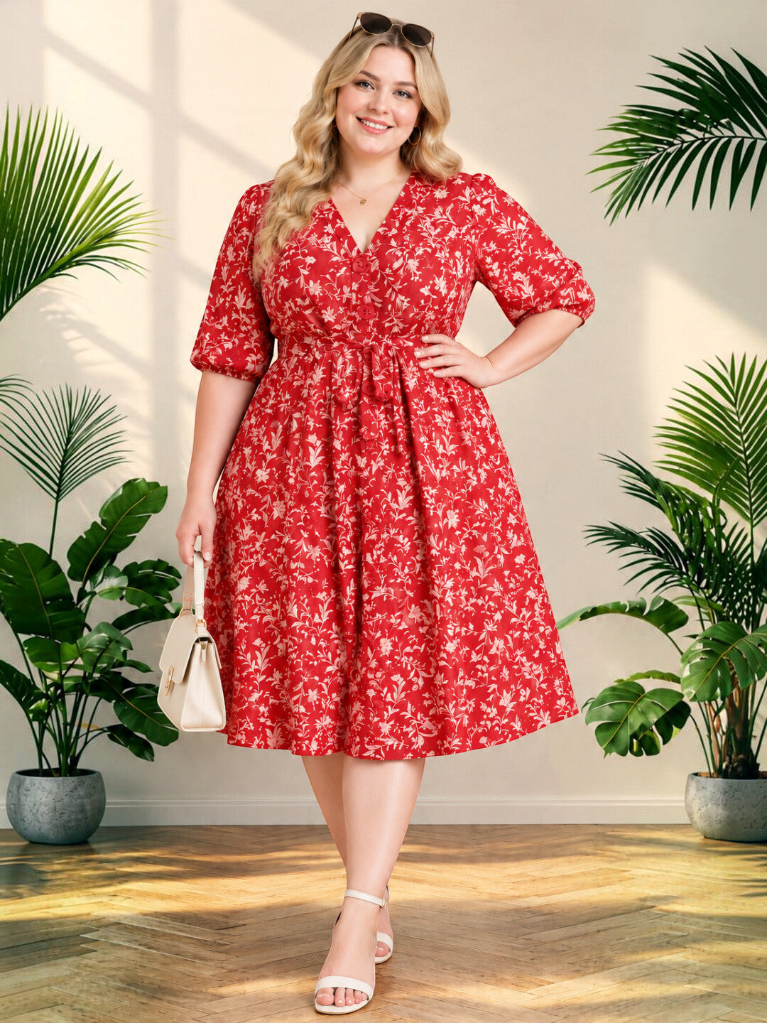 Women Plus Size Rust Printed Spun Rayon Tie Knot Long Dress by Oxolloxo - image 6