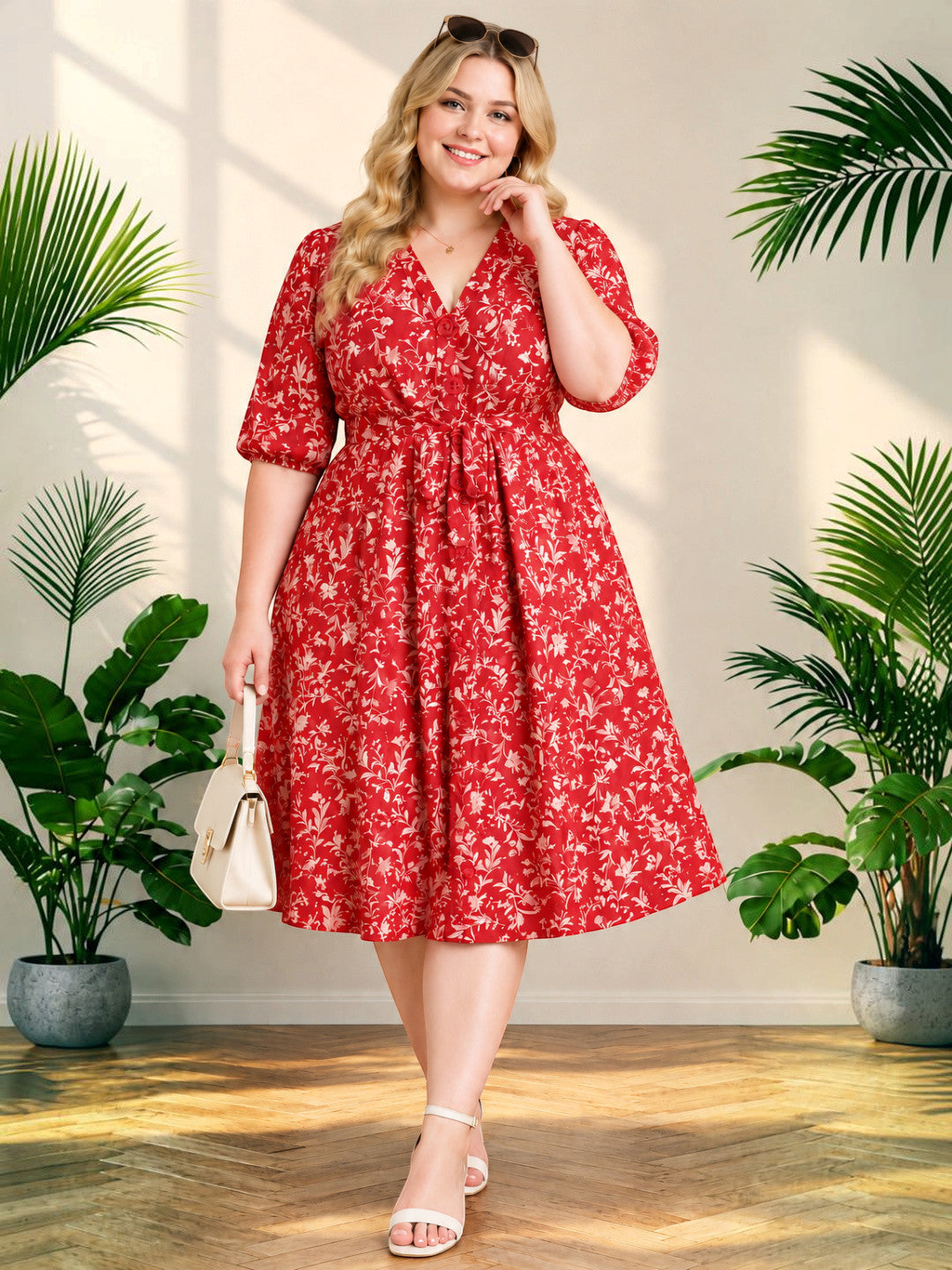 Women Plus Size Rust Printed Spun Rayon Tie Knot Long Dress by Oxolloxo - image 7