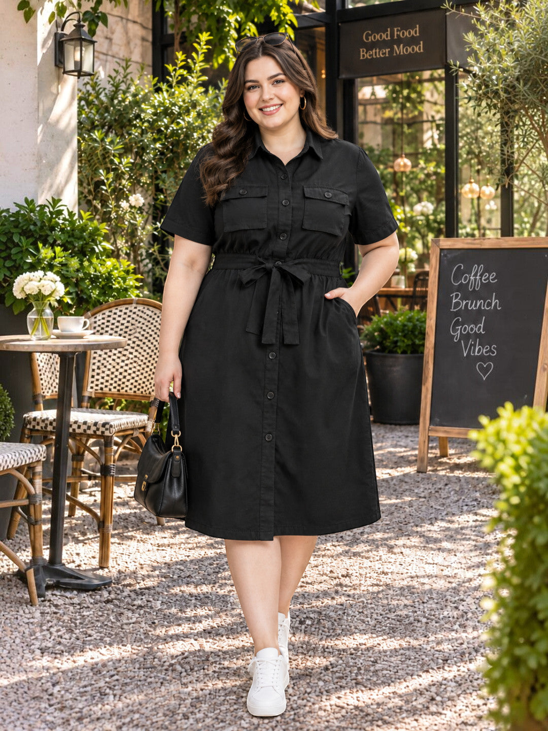 Women Plus Size Solid Shirt Dress with Pockets by Oxolloxo
