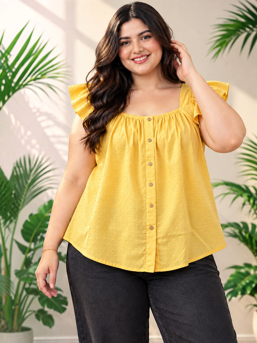 Plus Size Yellow Cotton Cap Sleeve Top by Oxolloxo