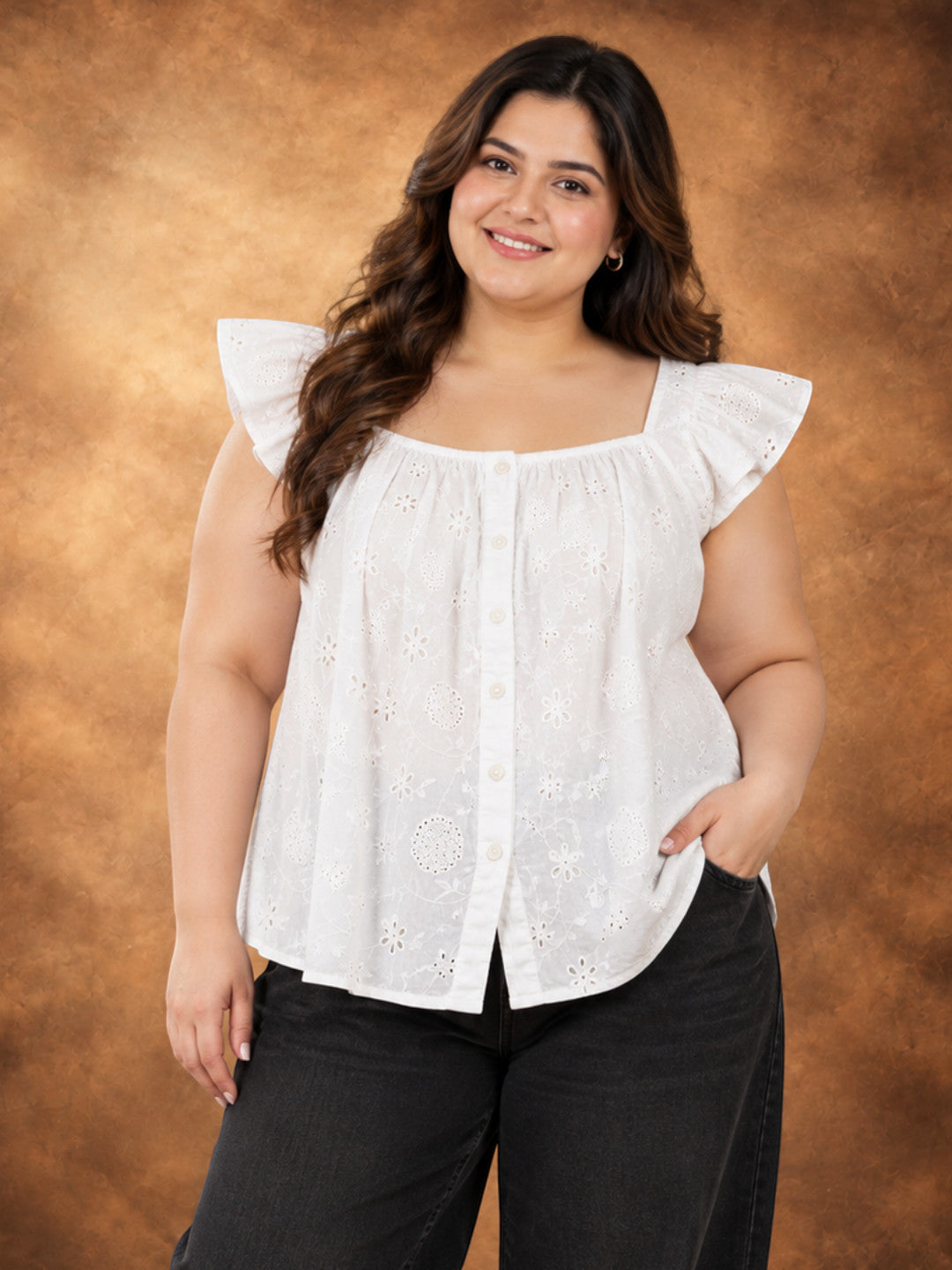 Plus Size White Cotton Cap Sleeve Top by Oxolloxo