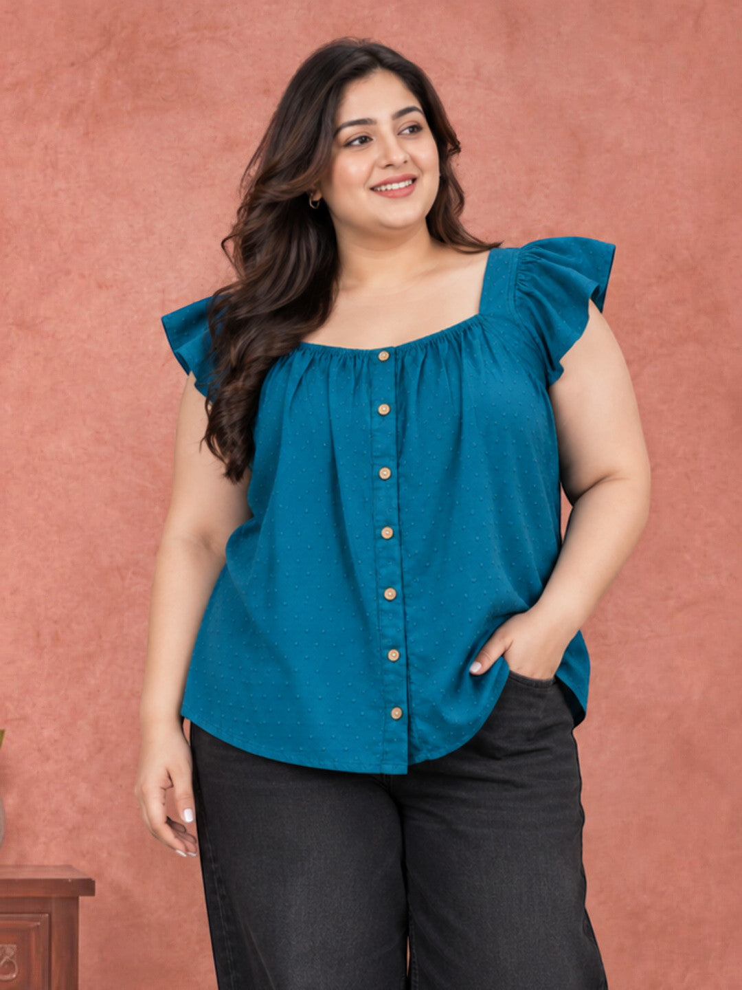 Plus Size Teal Cotton Cap Sleeve Top by Oxolloxo