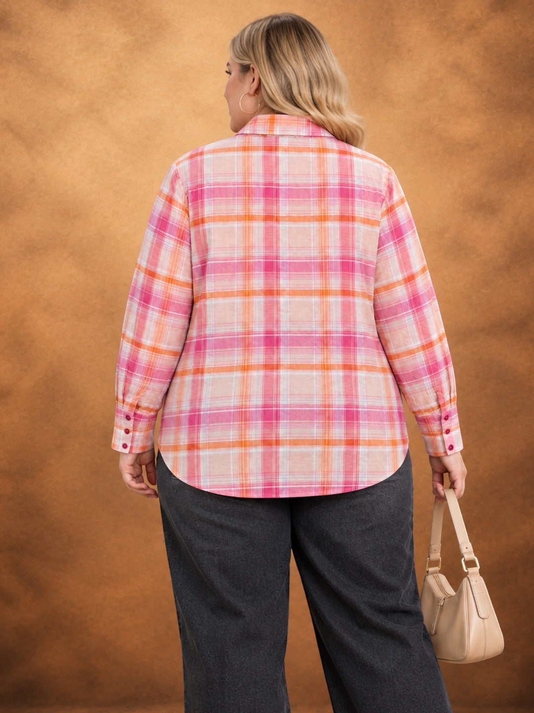 Plus Size Pink Check Cotton Full Sleeve Shirt by Oxolloxo - image 3