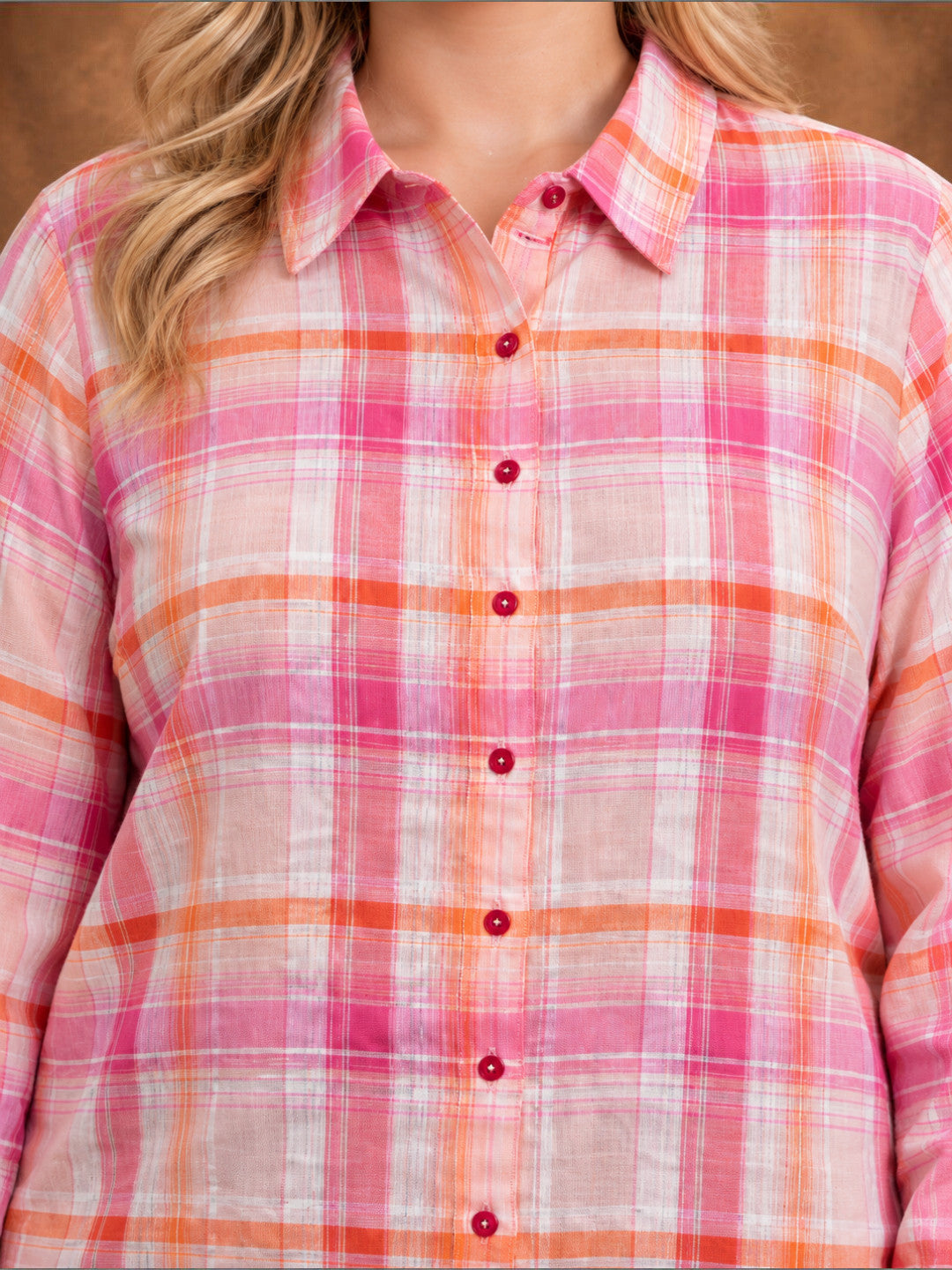 Plus Size Pink Check Cotton Full Sleeve Shirt by Oxolloxo - image 4