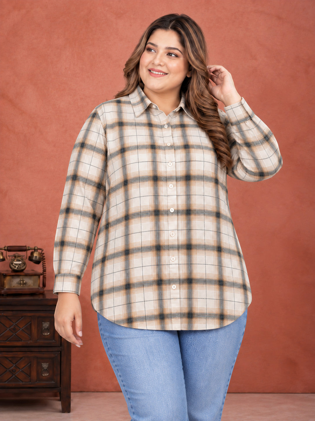 Plus Size Multicolor Check Cotton Shirt by Oxolloxo