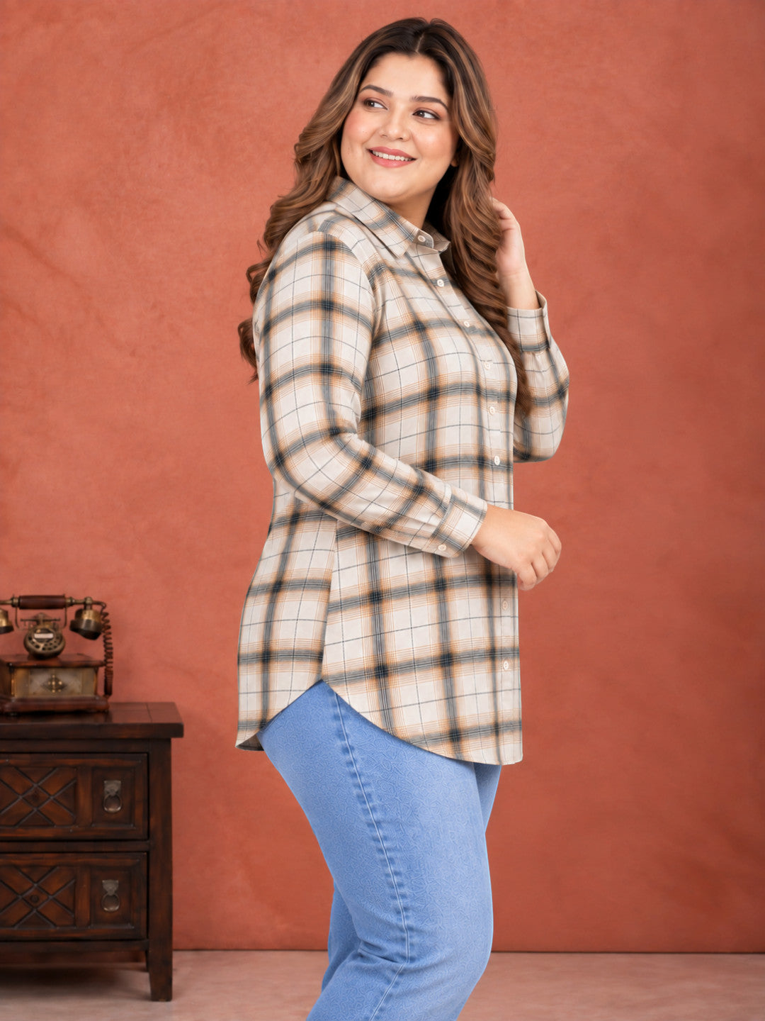 Plus Size Multicolor Check Cotton Shirt by Oxolloxo - image 2