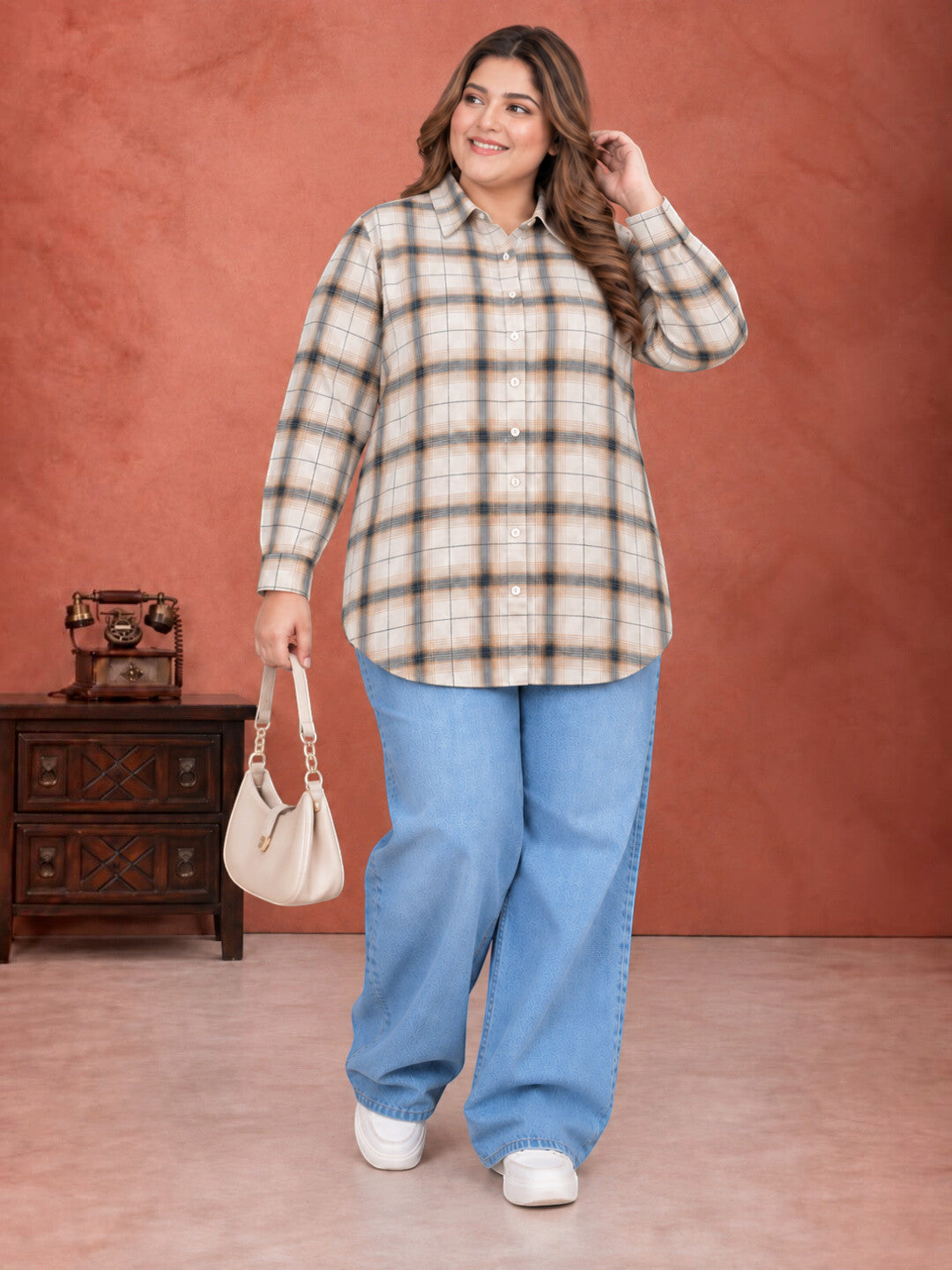 Plus Size Multicolor Check Cotton Shirt by Oxolloxo - image 7