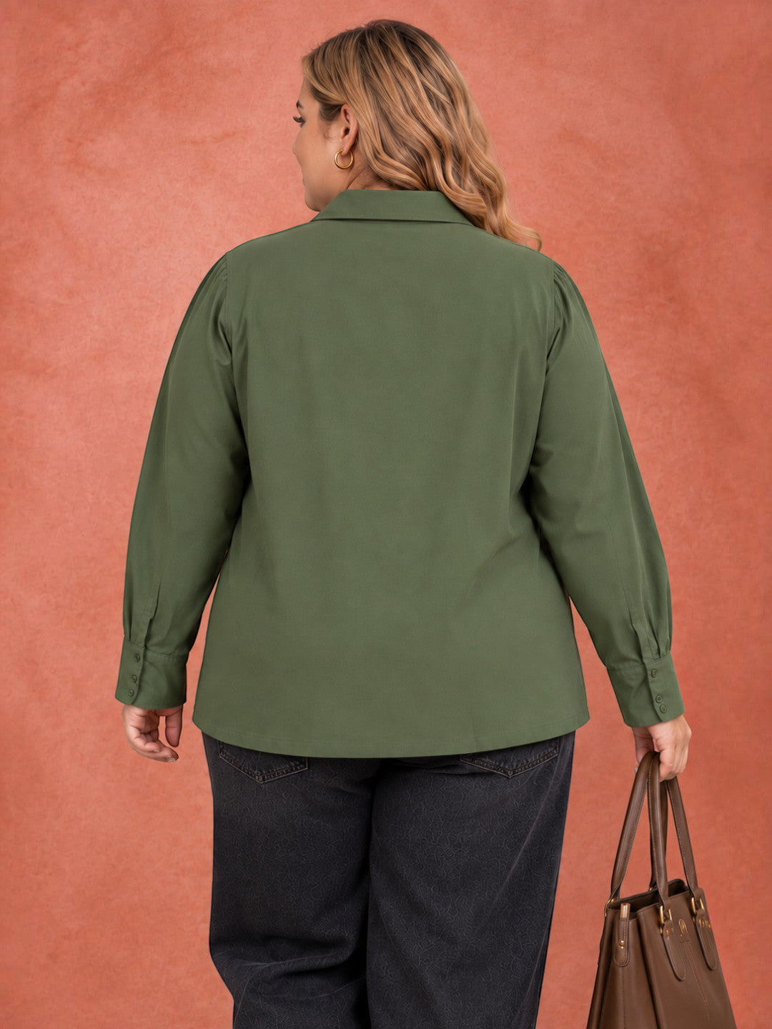 Plus Size Green Solid Cotton Full Sleeve Shirt by Oxolloxo - image 3