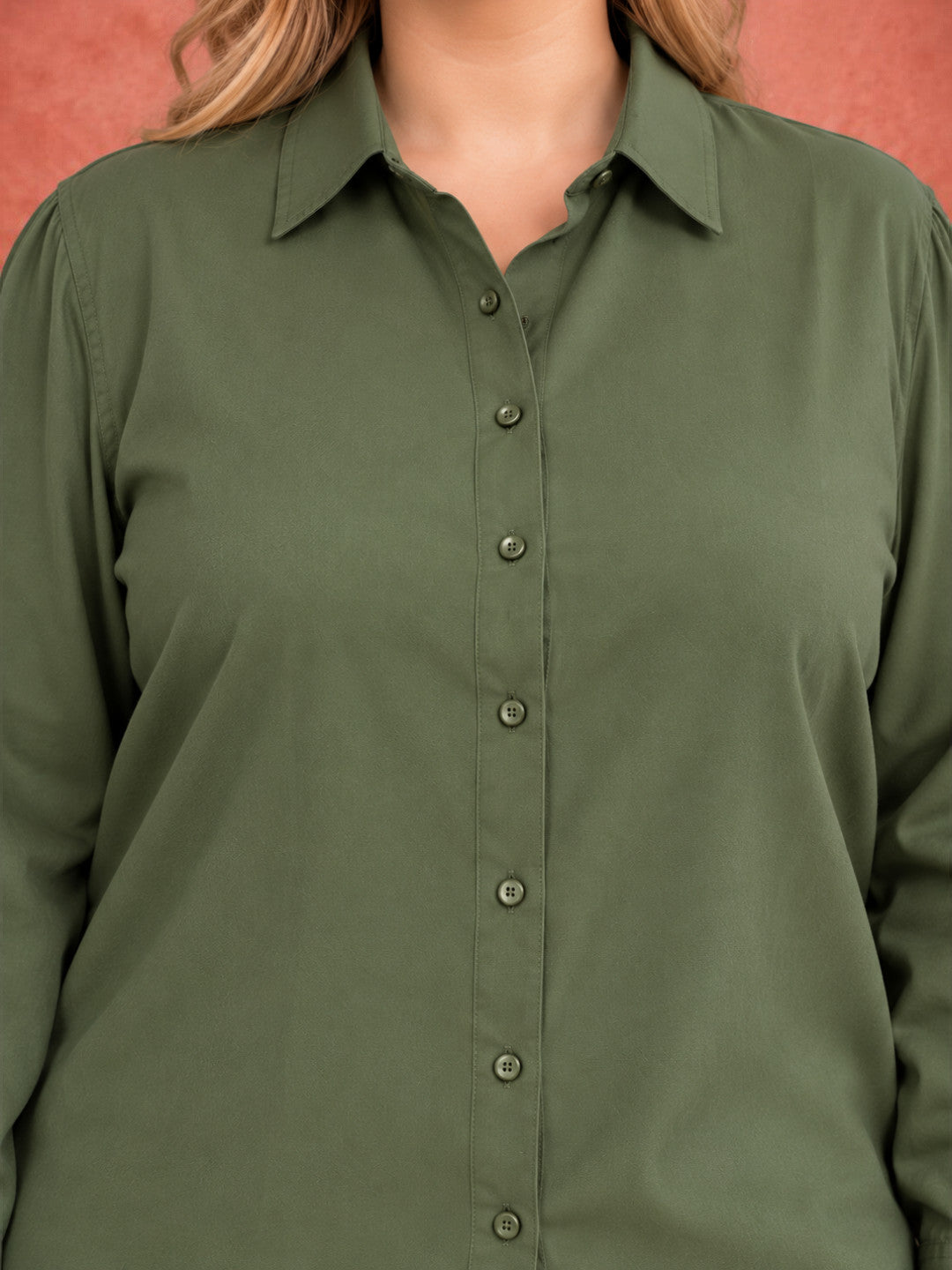 Plus Size Green Solid Cotton Full Sleeve Shirt by Oxolloxo - image 4