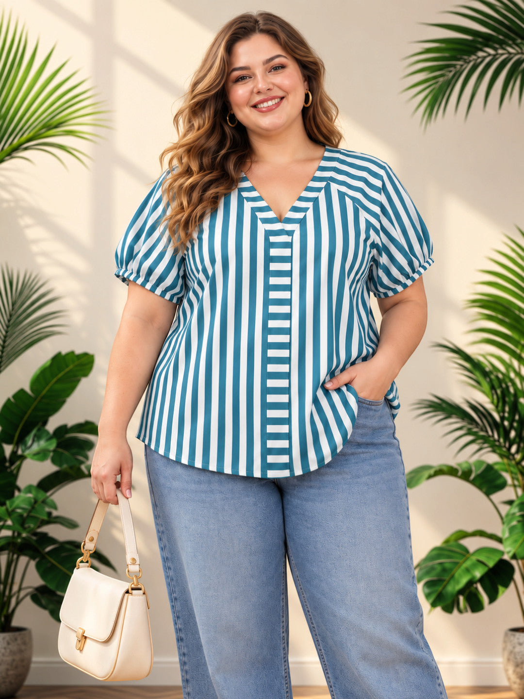 Plus Size Blue Stripe Cotton Half Sleeve Top by Oxolloxo