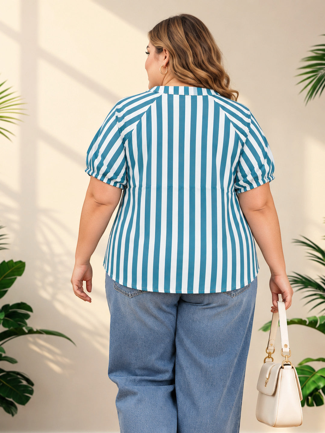 Plus Size Blue Stripe Cotton Half Sleeve Top by Oxolloxo - image 3