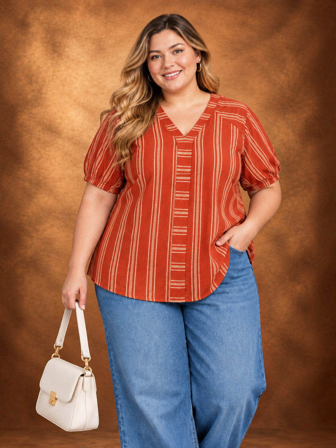 Plus Size Brown Stripe Cotton Half Sleeve Top by Oxolloxo